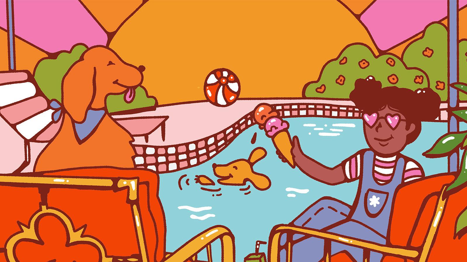 Illustration of a dog and young girl by a pool. The dog is smiling with a blue scarf and the girl has heart-shaped sunglasses, overalls and is holding an ice cream cone. Another dog is swimming in the water.